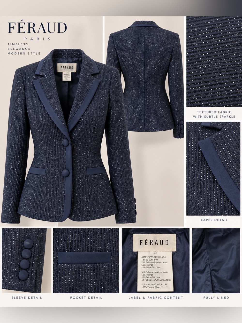 Vintage Louis Feraud Virgin Wool Navy Blue Satin Trim Tailored Blazer Jacket 12